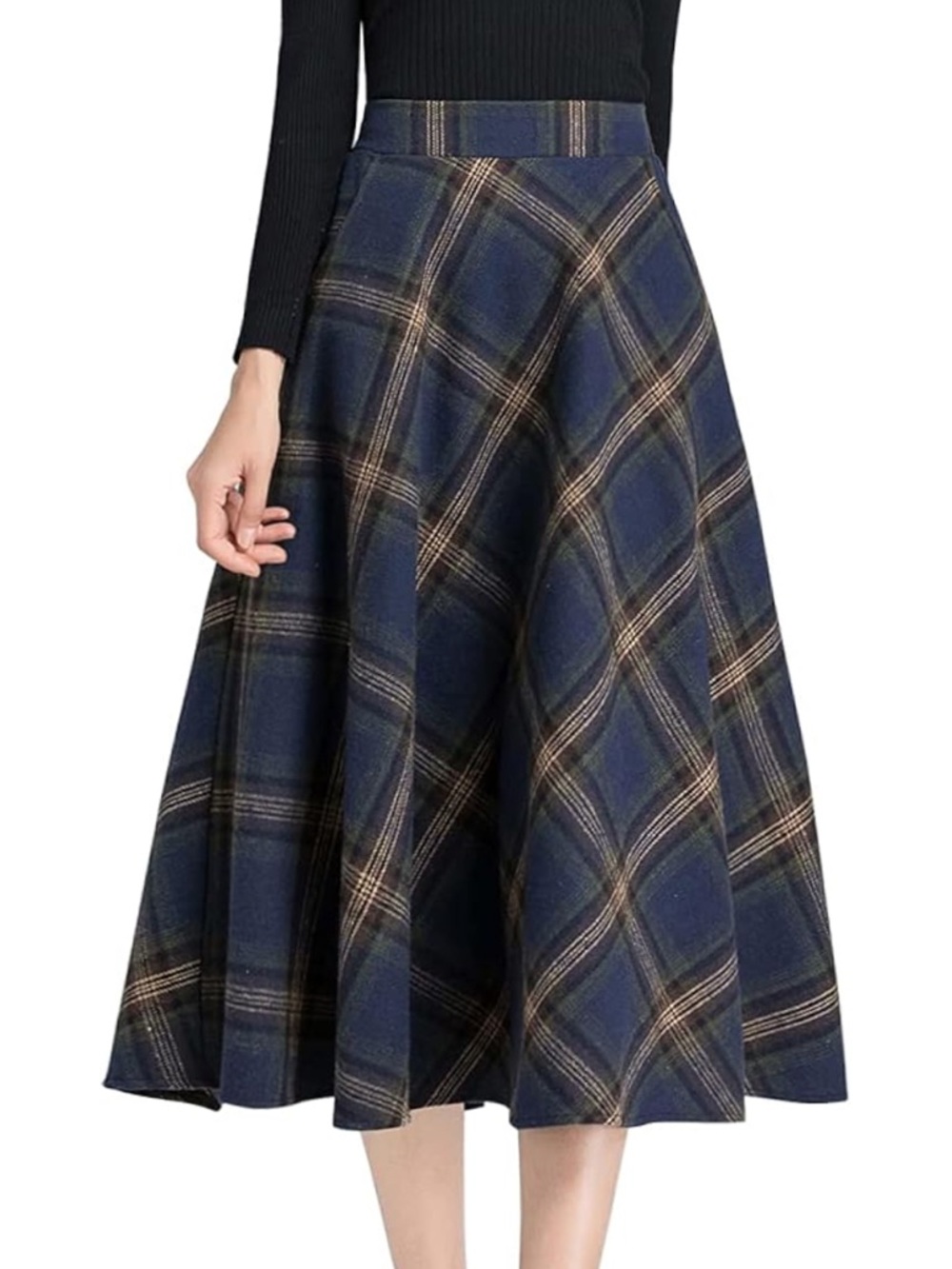 Plaid Midi Skirt in Navy and Brown